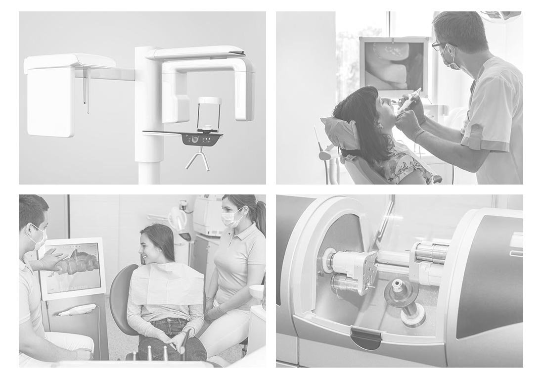 Subtle grayscale collage of photos of a dental facility